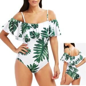 One Piece Slash Neck Sling Scollop Lotus Leaf Print Swimwear Beach Bathing Suit
